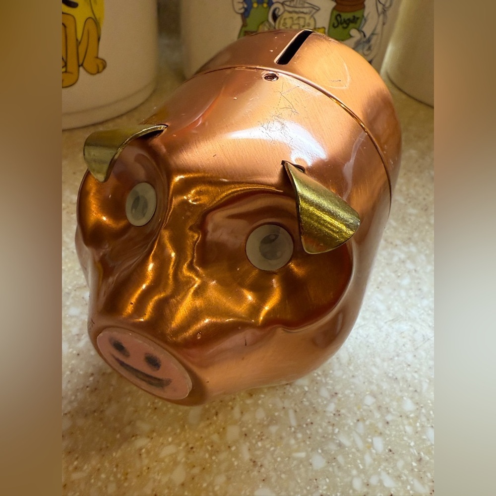 Vintage 1970’s Copper Piggy Bank with Gold Accents Copper Pig